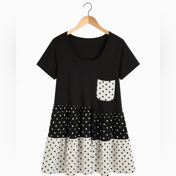 Lily by Firmiana Polka Dot Ruffle Dress M Black White Stretchy Flowy - Picture 1 of 2